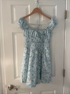 Anthropologie Blue & White Floral Smocked Mini Dress with Tie-Back